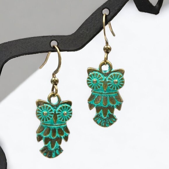 Patina Owl Drop Earrings - Picture 4 of 5
